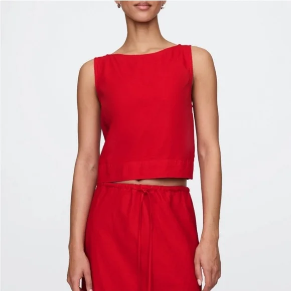 🆕️ Gap Linen Blend Crop Shell Tank Top in Tomato Sauce Red - Picture 2 of 13